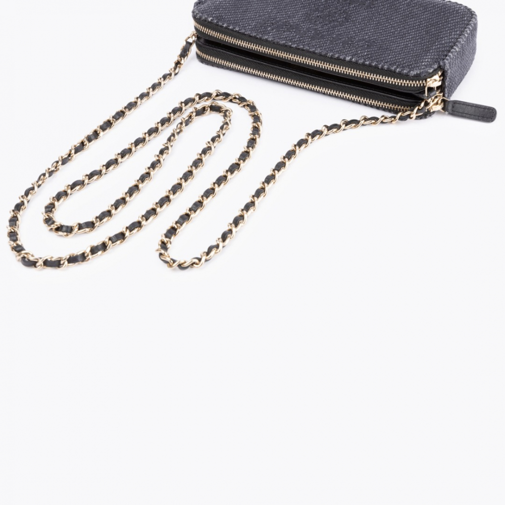 Chanel Raffia Deauville Double Zip Wallet On Chain