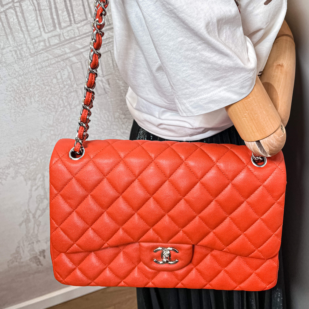 Chanel Classic Double Flap Jumbo Caviar Leather Chain Bag Orange
