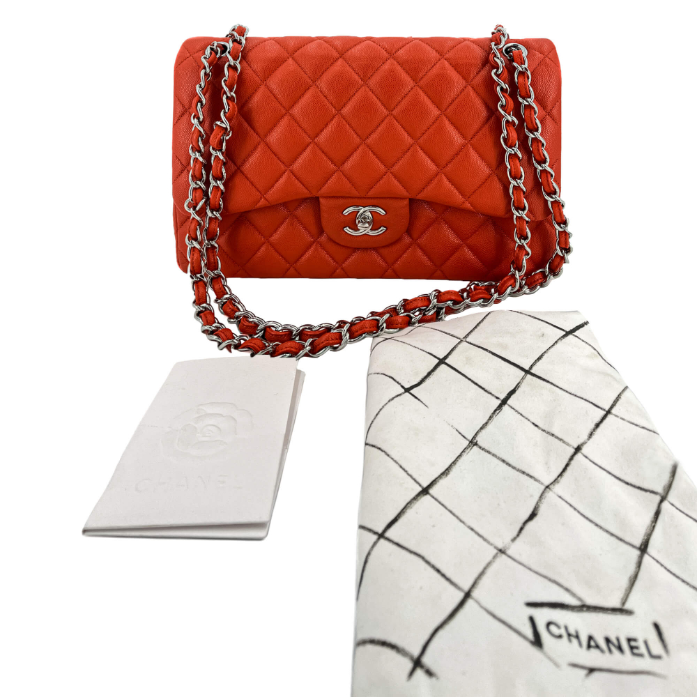 Chanel Classic Double Flap Jumbo Caviar Leather Chain Bag Orange
