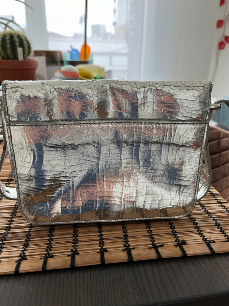 Kenzo Metallic Silver Cracked Leather Raindrop Crossbody Bag