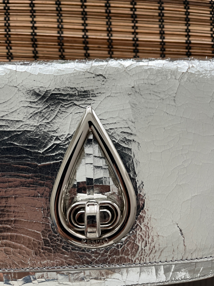 Kenzo Metallic Silver Cracked Leather Raindrop Crossbody Bag