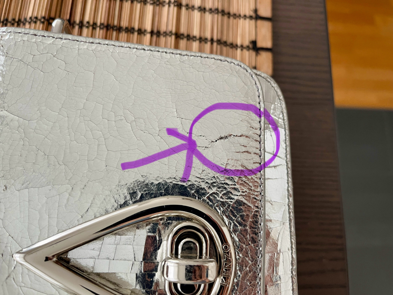 Kenzo Metallic Silver Cracked Leather Raindrop Crossbody Bag