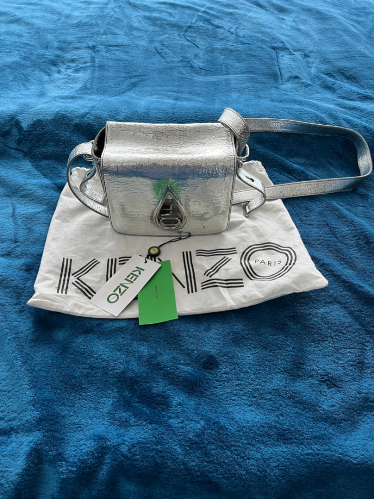 Kenzo Metallic Silver Cracked Leather Raindrop Crossbody Bag