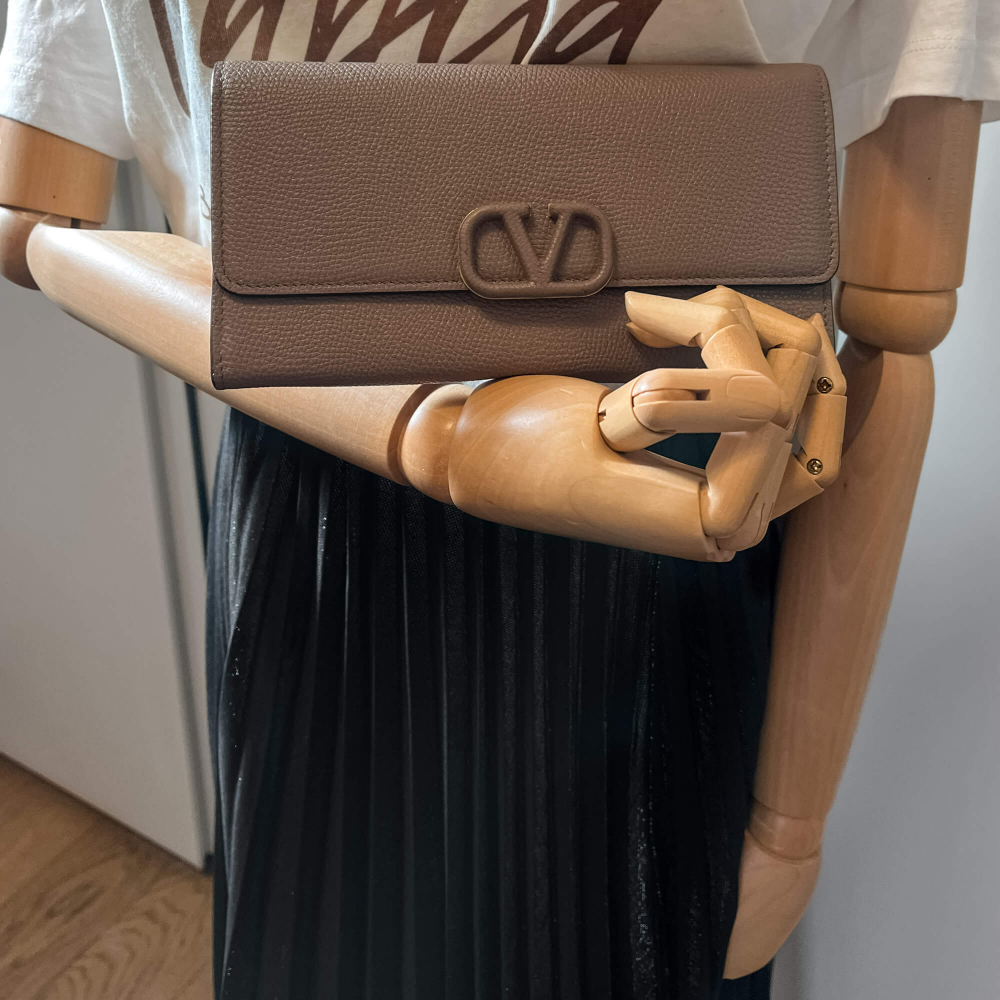 Valentino V Logo Leather Long Wallets Greige