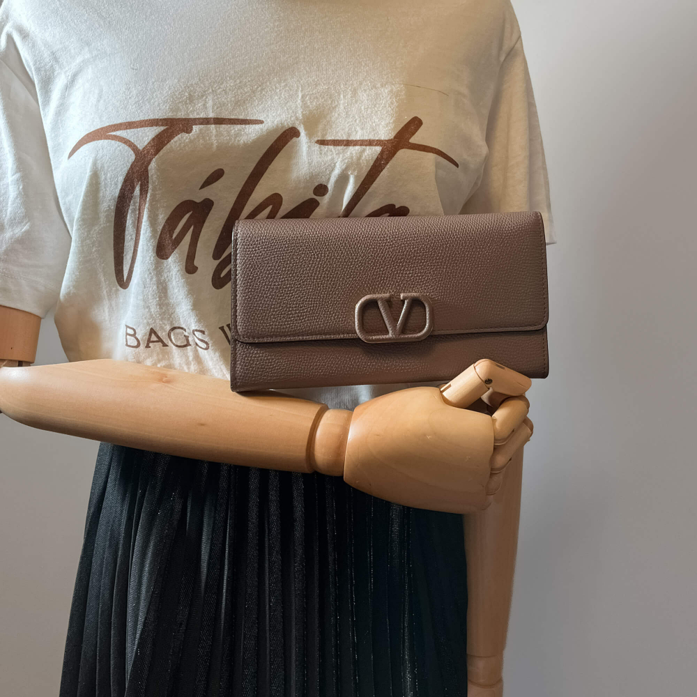 Valentino V Logo Leather Long Wallets Greige