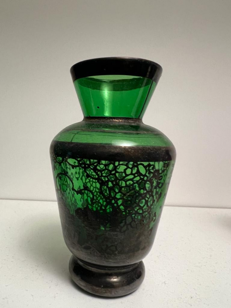 Murano Satz von kleinen und großen Vasen aus mundgeblasenem Muranoglas mit Sterlingsilbermotiv