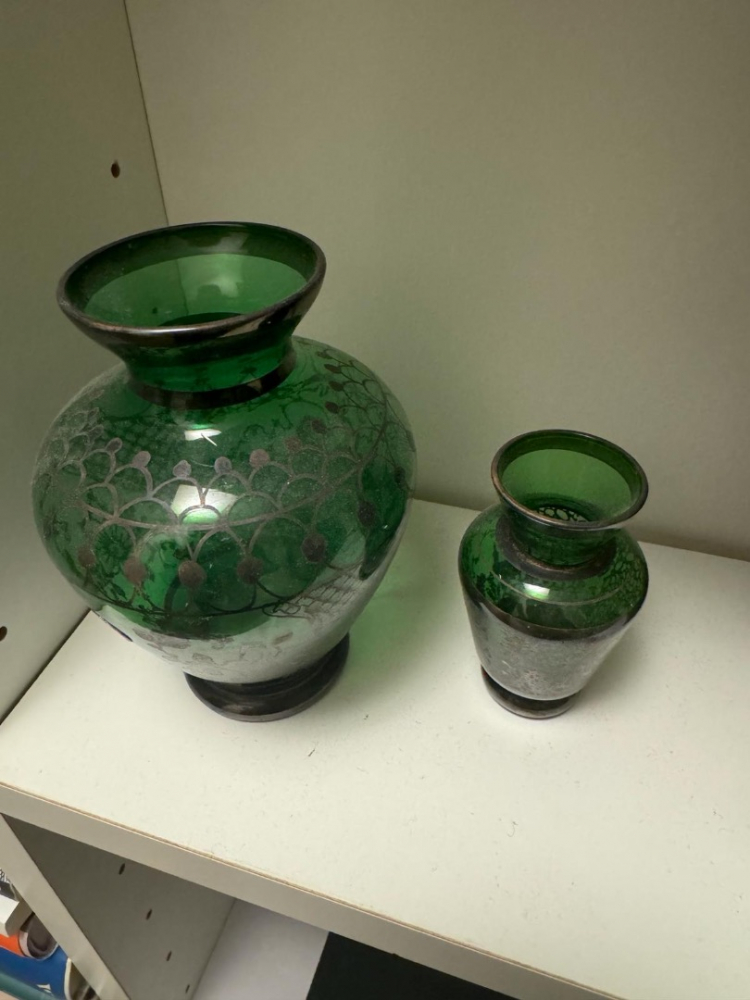 Murano Satz von kleinen und großen Vasen aus mundgeblasenem Muranoglas mit Sterlingsilbermotiv