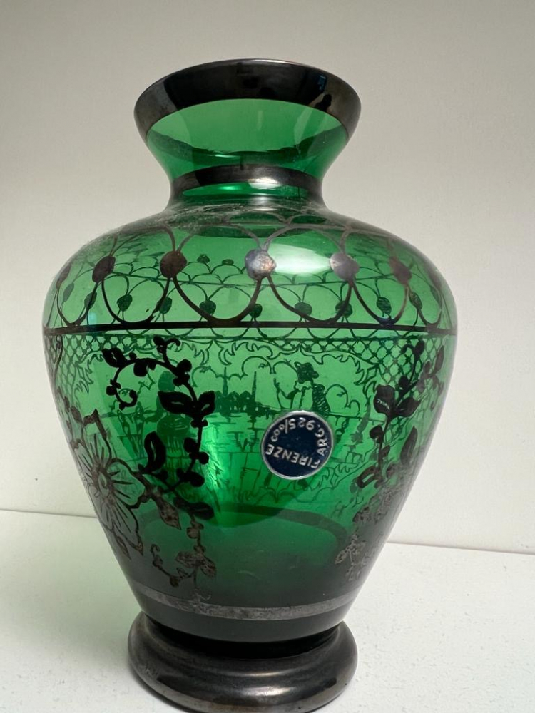 Murano Satz von kleinen und großen Vasen aus mundgeblasenem Muranoglas mit Sterlingsilbermotiv