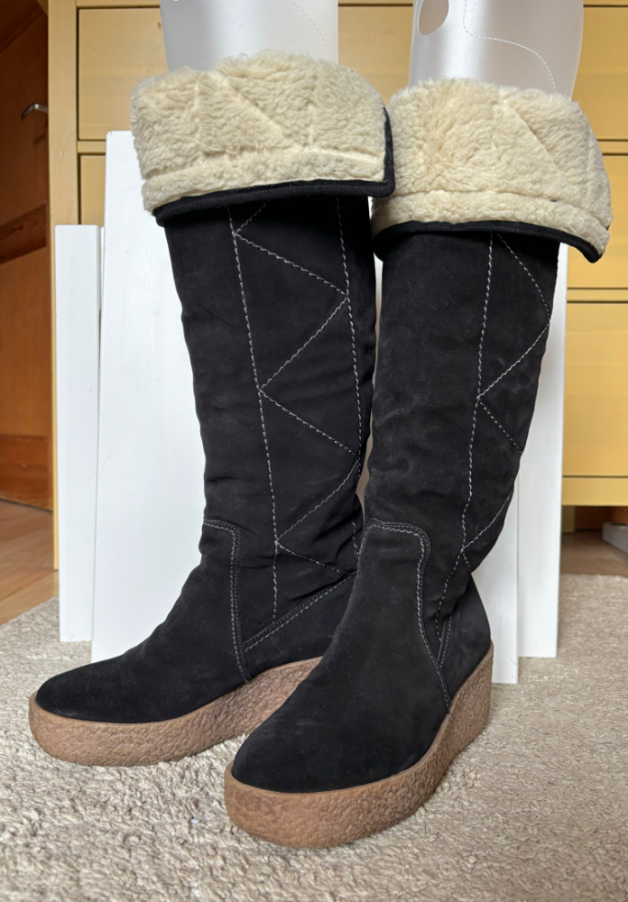 Kors Michael Kors Crosby Black Suede Sherpa Knee High Wedges