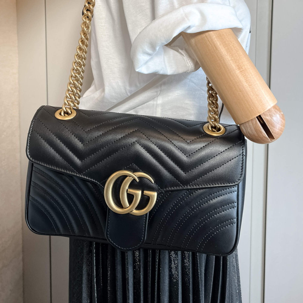 Gucci GG Marmont Small Chevron Leather Flap Bag Black
