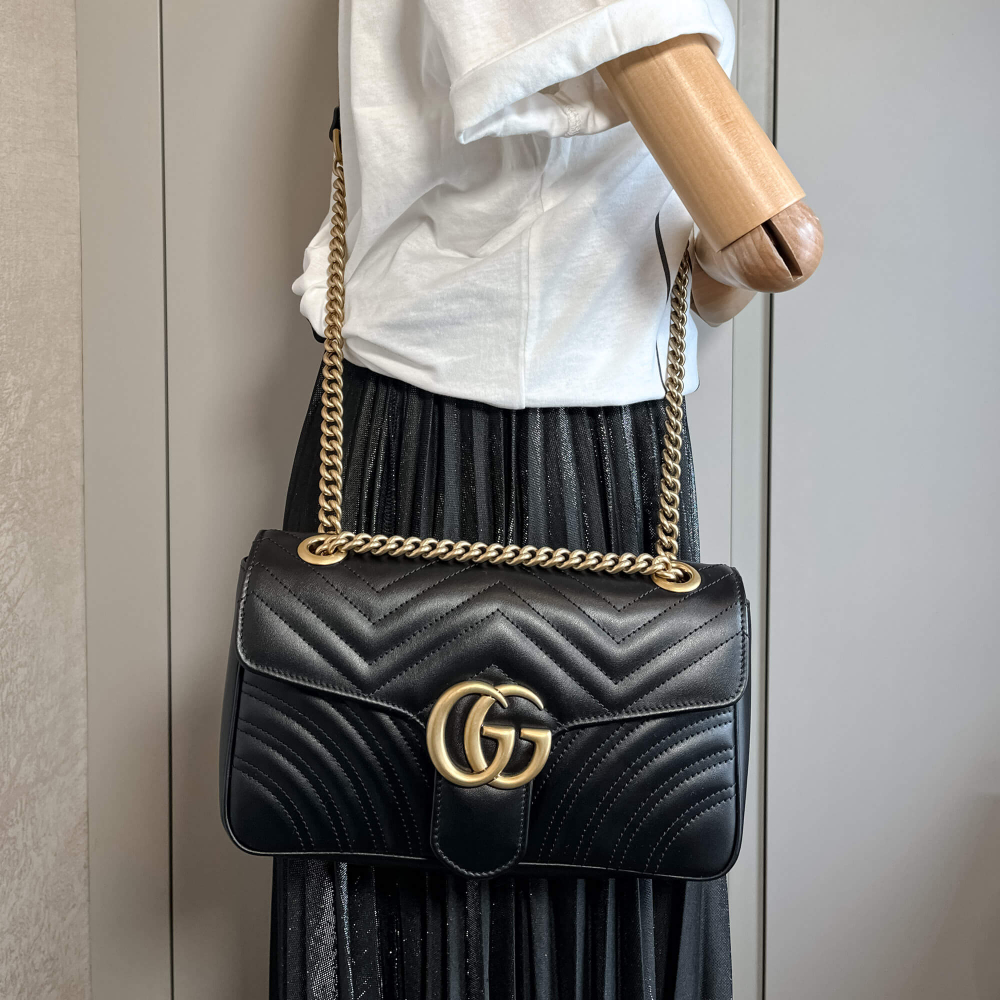 Gucci GG Marmont Small Chevron Leather Flap Bag Black