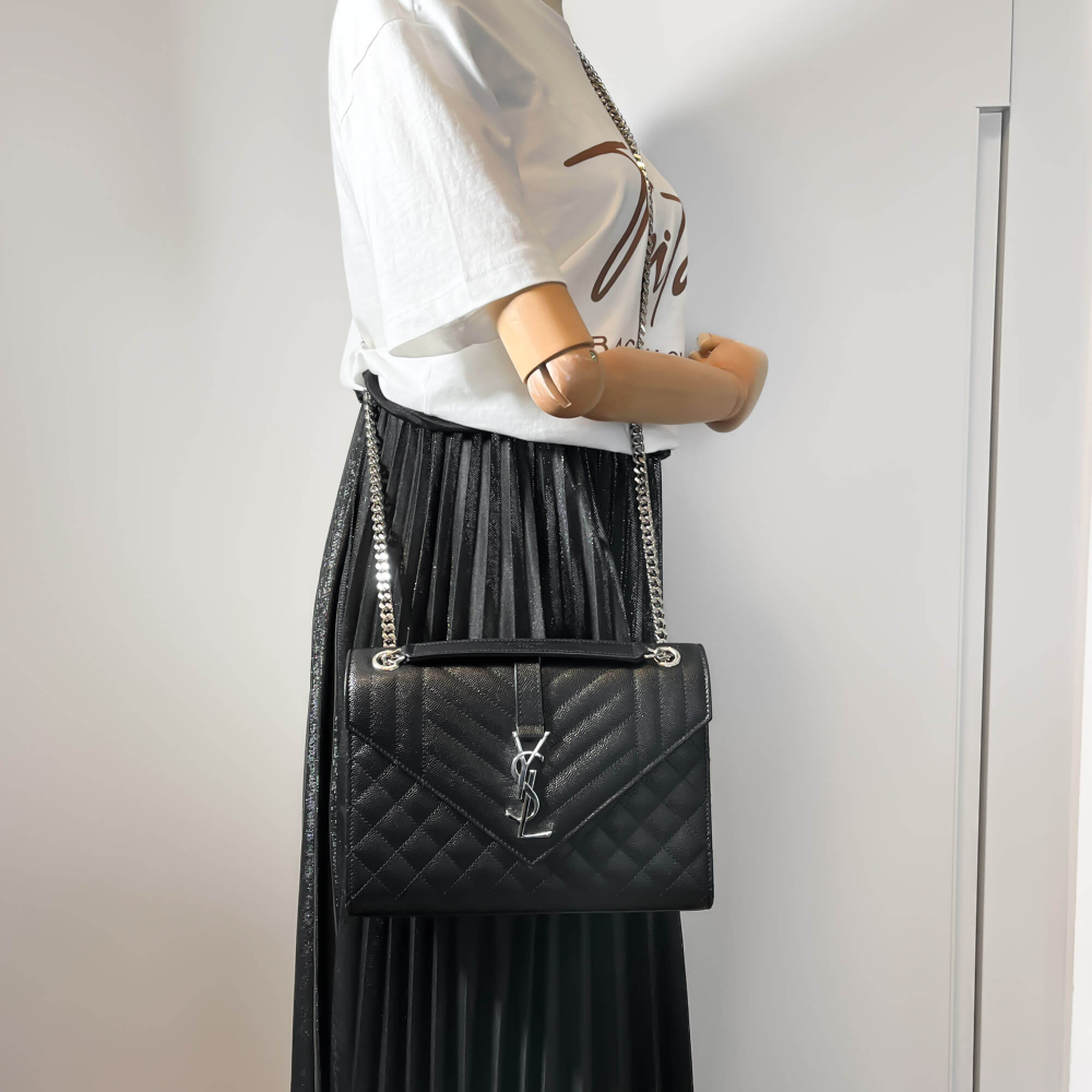 Saint Laurent Envelope Medium Quilted Embossed Leather Shoulde Bag Black