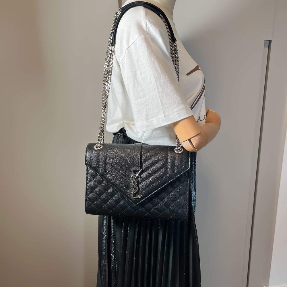 Saint Laurent Envelope Medium Quilted Embossed Leather Shoulde Bag Black