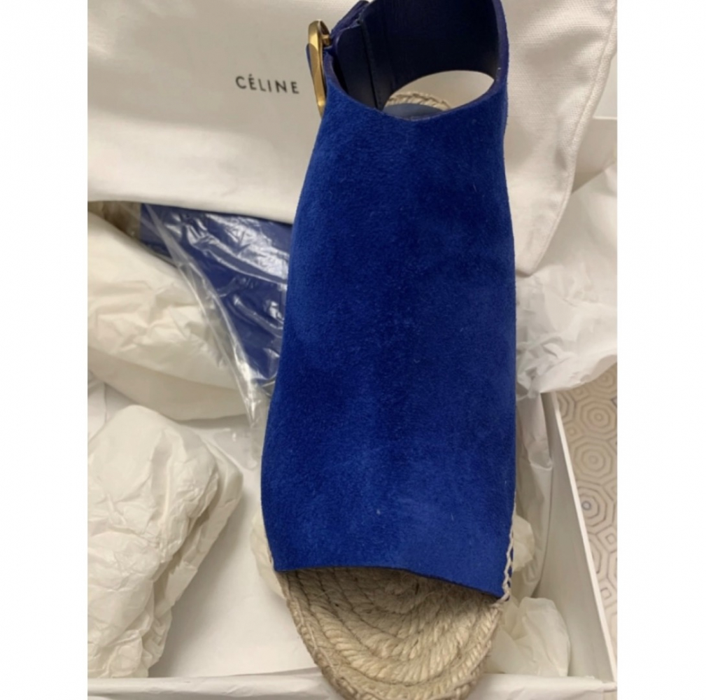 Celine satin rond or bleu royal cuir daim sandale compensée