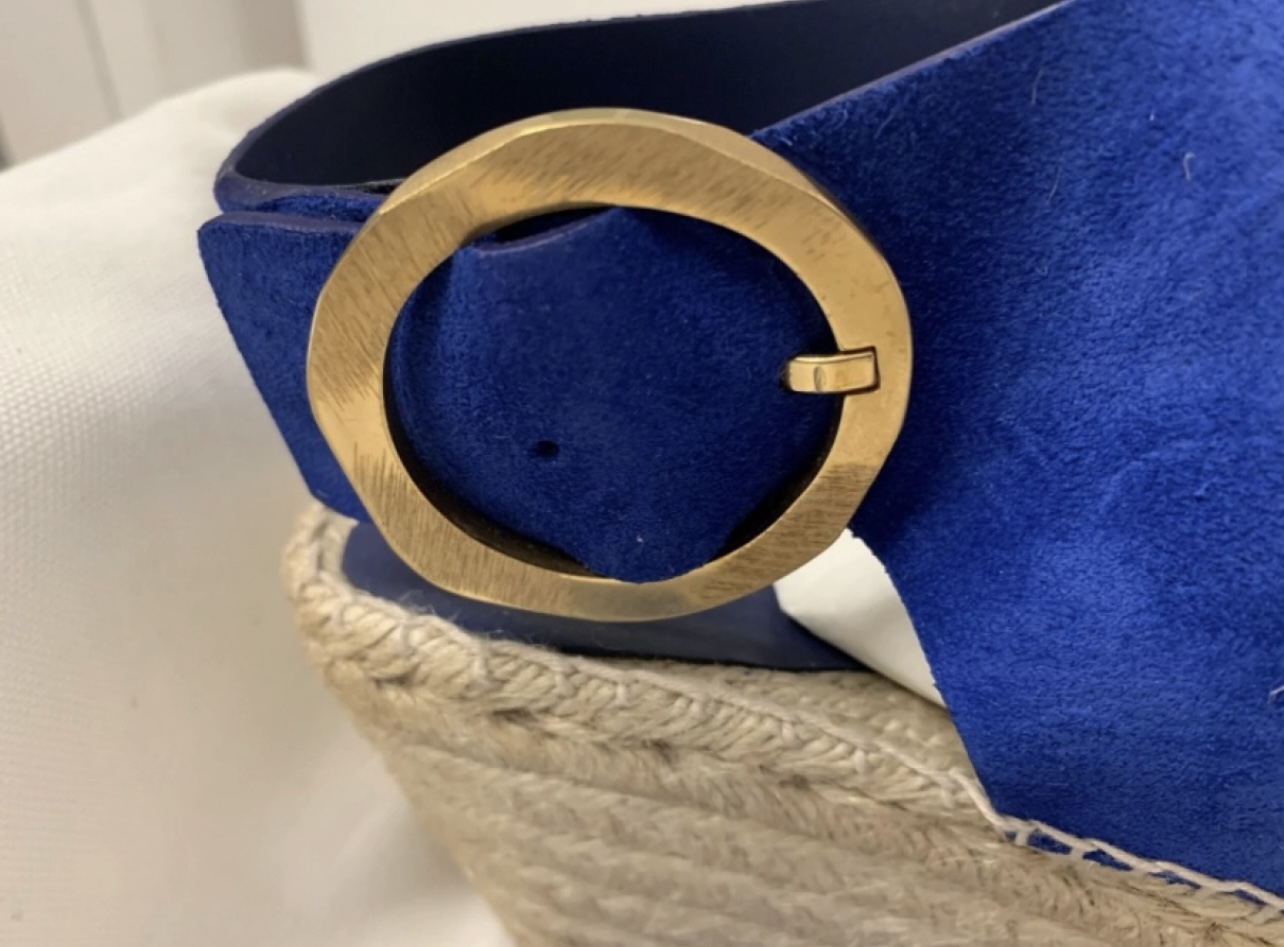 Celine satin rond or bleu royal cuir daim sandale compensée