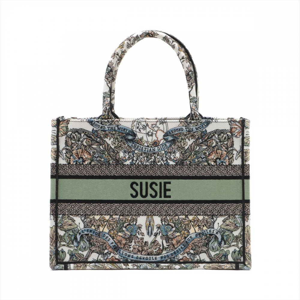 Christian Dior Book Tote Medium Embroidery Canvas Bag Butterfly Around The World Name Susie Green