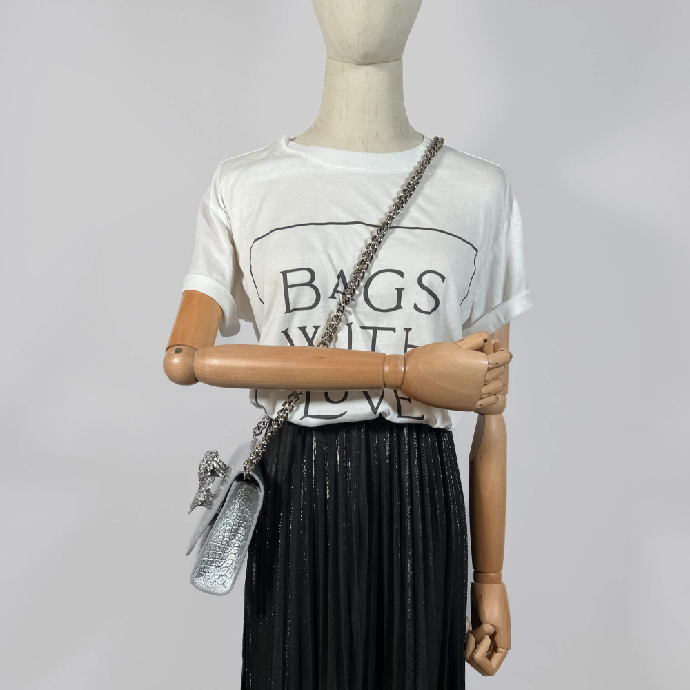 Philipp Plein Flap Clutch Small Calf Leather Leather 2-Ways Croco Print Silver