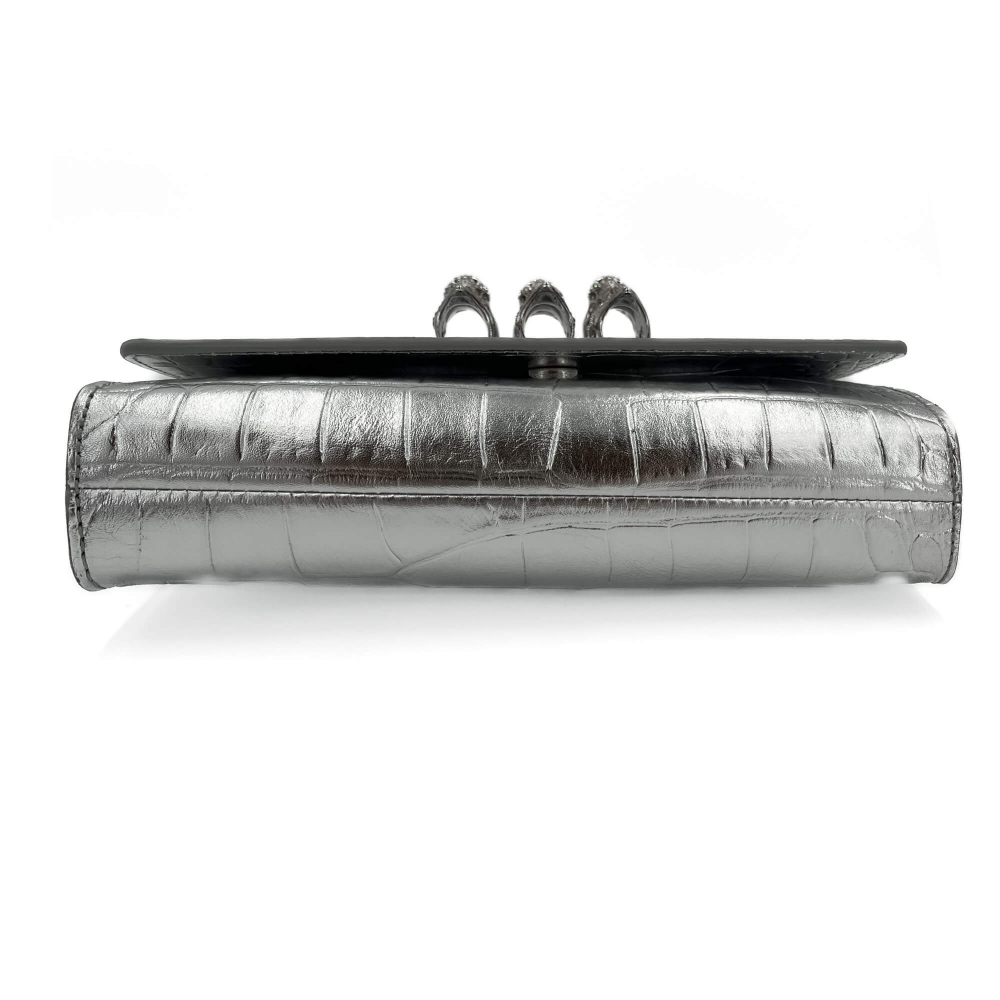 Philipp Plein Flap Clutch Small Calf Leather Leather 2-Ways Croco Print Silver