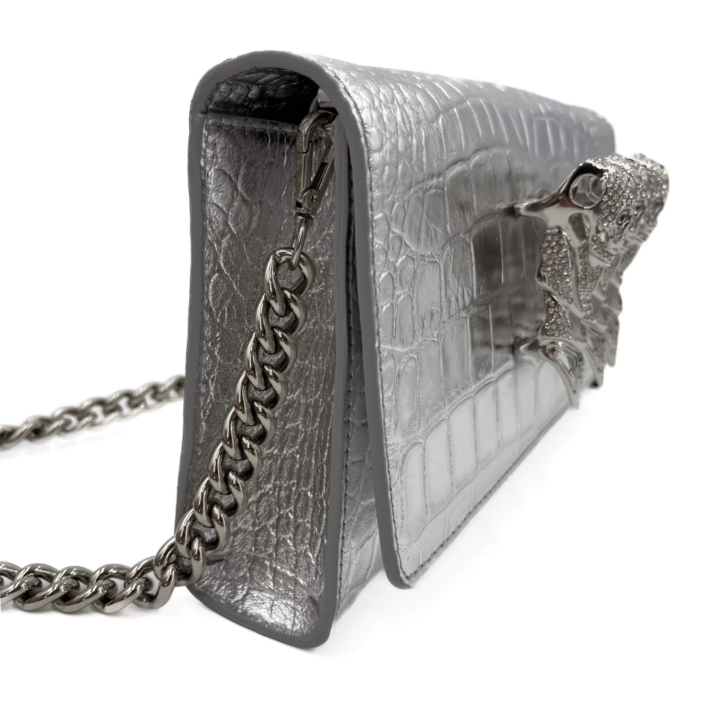 Philipp Plein Flap Clutch Small Calf Leather Leather 2-Ways Croco Print Silver