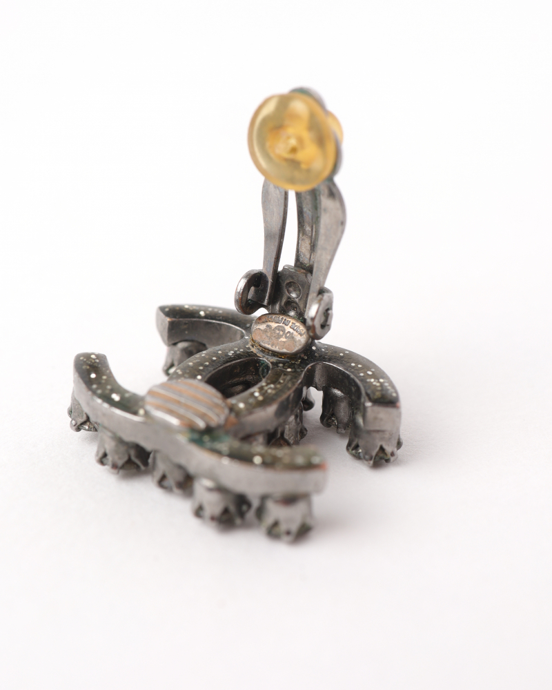 Chanel Cc Gunmetal Rhinestone Earrings