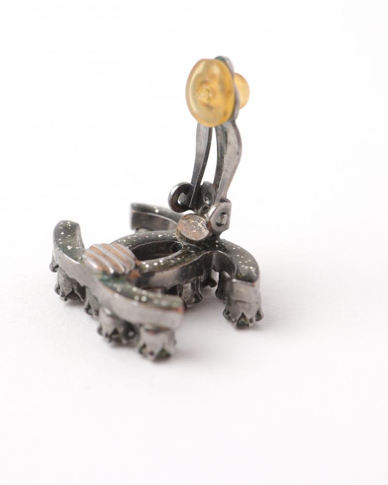 Chanel Cc Gunmetal Rhinestone Earrings