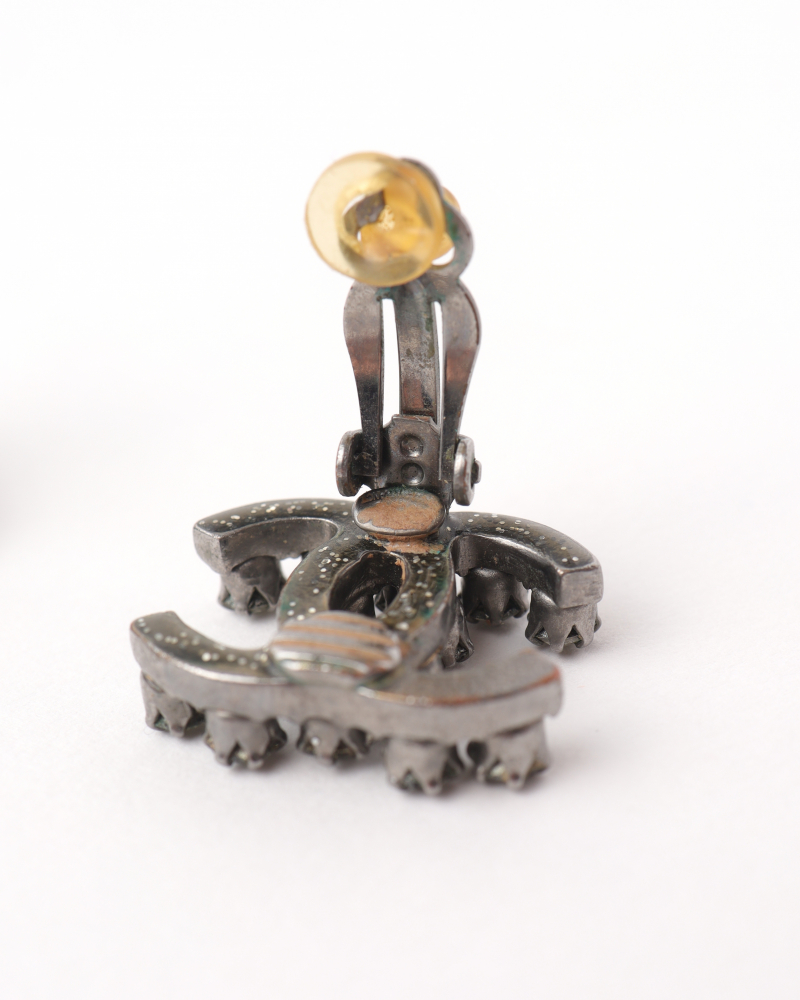 Chanel Cc Gunmetal Rhinestone Earrings