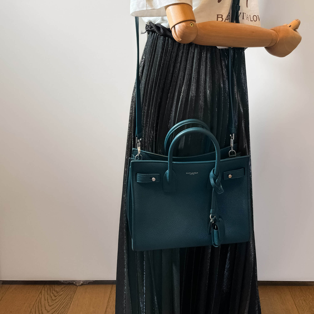 Saint Laurent Sac de Jour Baby Leather Dark Green 2-Way Tote