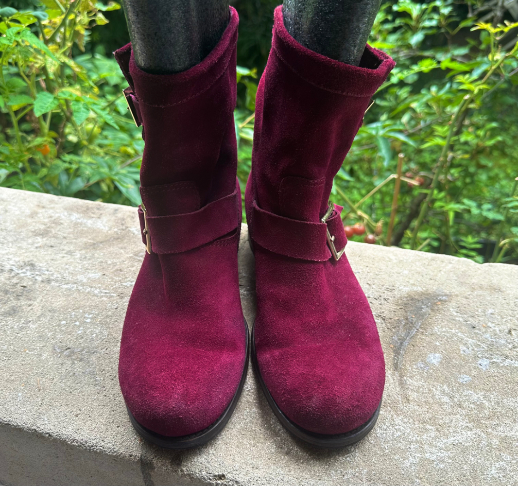 Jimmy Choo Burgundy Suede Gold Tone Buckle Branded Biker Ankle Boots