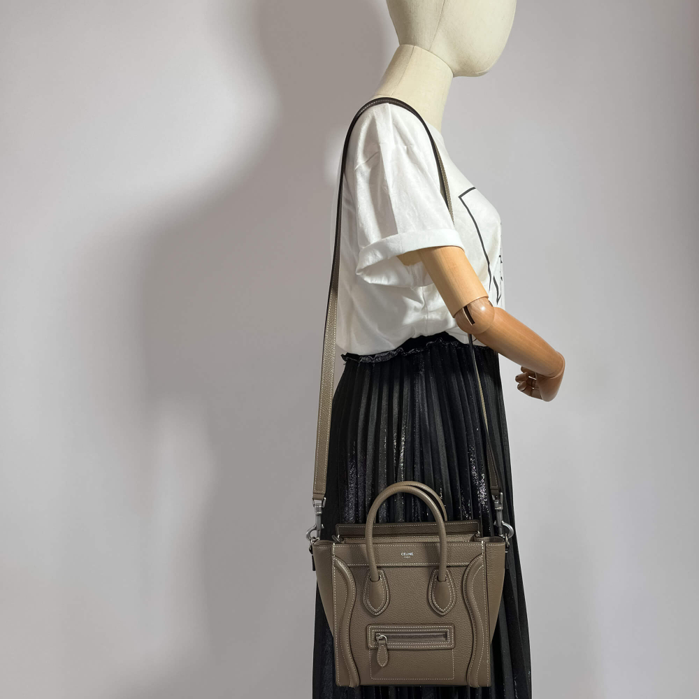 Celine Luggage Nano Drummed Calfskin Leather 2-Ways Tote Bag Grey