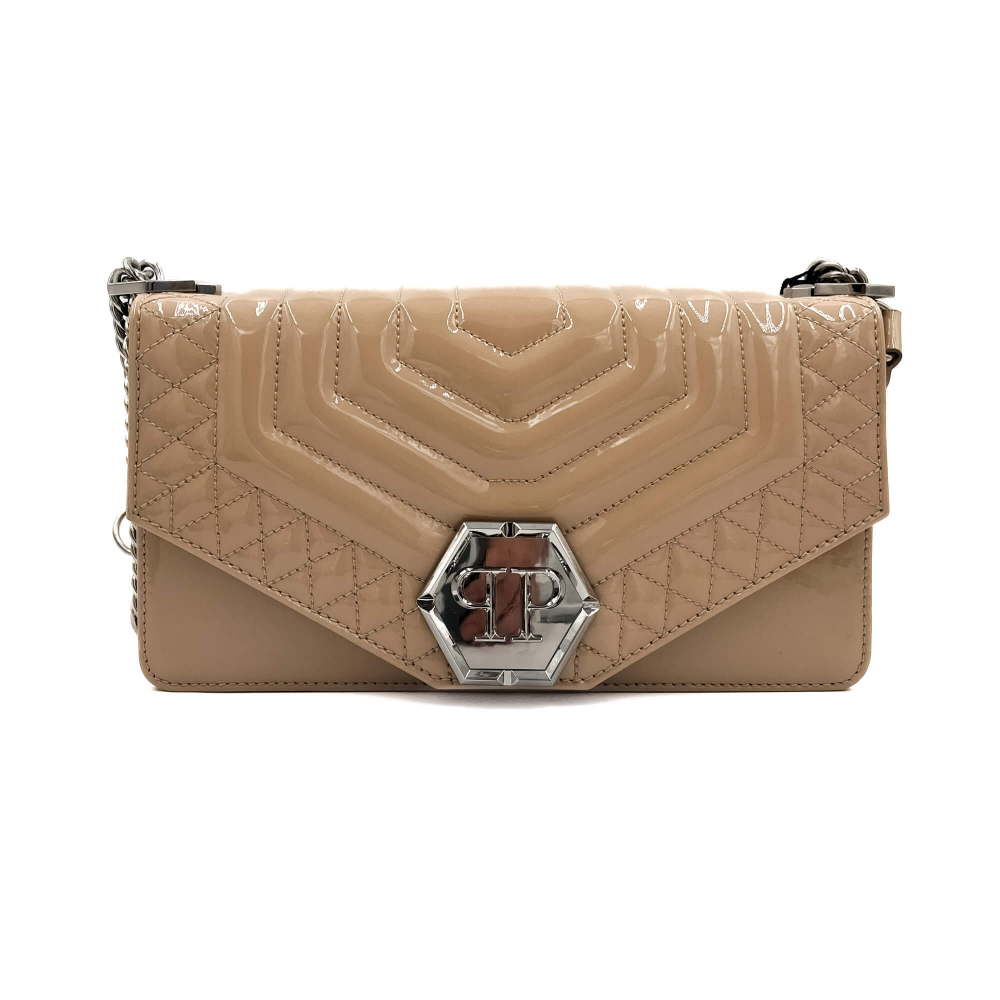Philipp Plein Hexagon Medium Patent Leather 2-Ways Flap Bag Beige