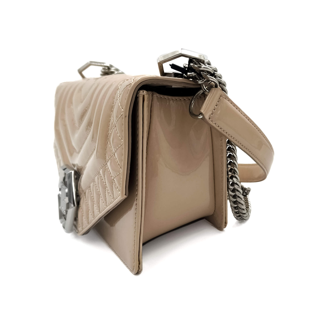 Philipp Plein Hexagon Medium Patent Leather 2-Ways Flap Bag Beige