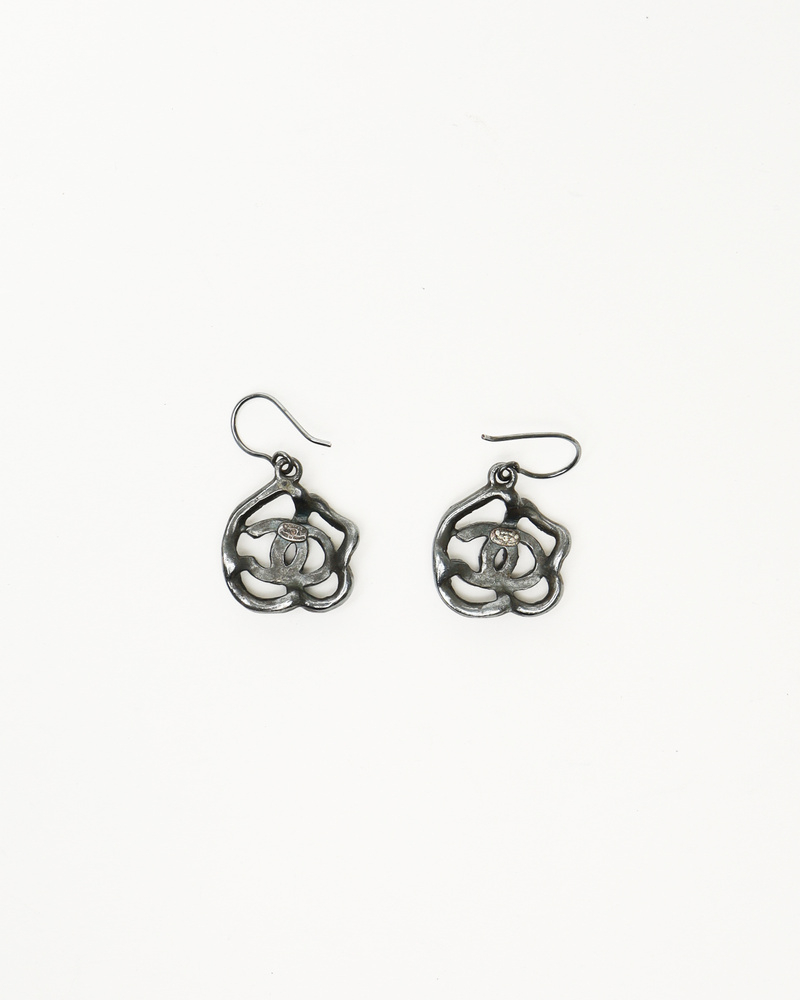 Chanel Coco Mark Camellia Rhinestone Hook Earrings