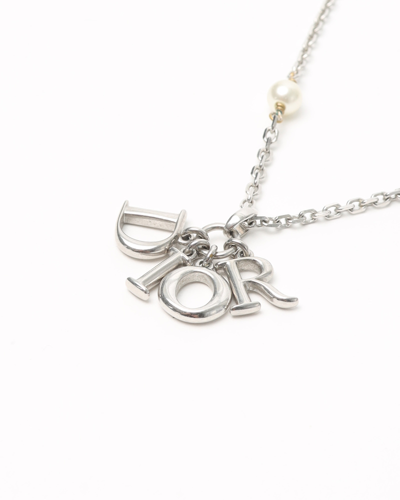 Christian Dior Logo Charm and Pearl Necklace