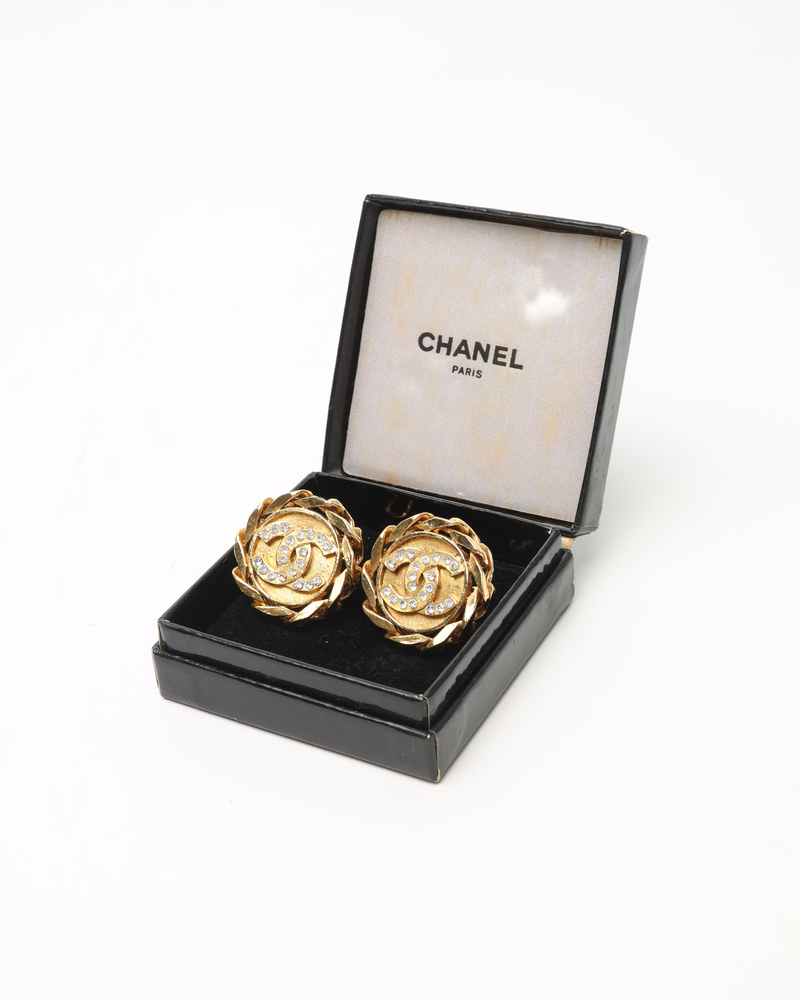 Chanel Coco Mark Circle Chain Rhinestone Clip-on Earrings