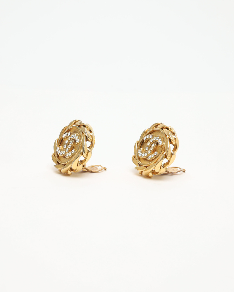 Chanel Coco Mark Circle Chain Rhinestone Clip-on Earrings