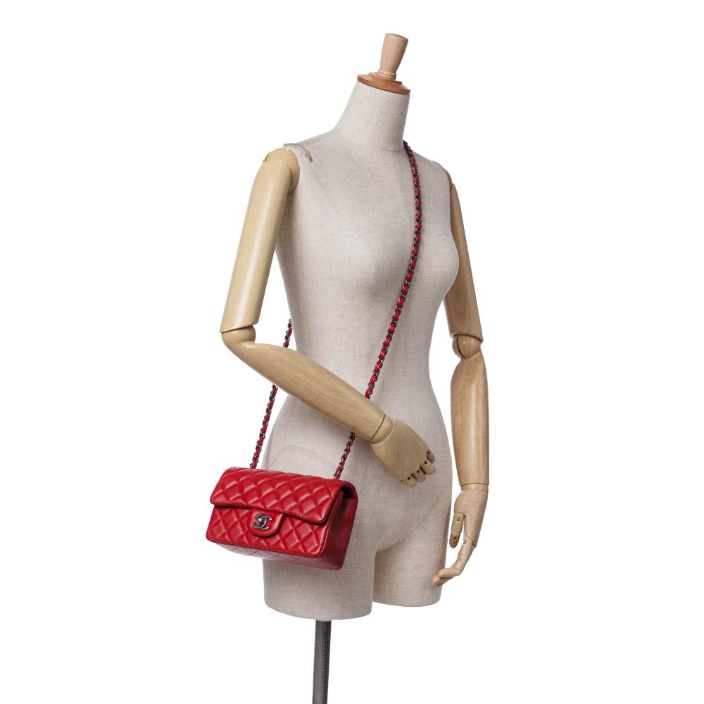 Chanel B Chanel Red Lambskin Leather Leather Mini Rectangular Classic Lambskin Single Flap France