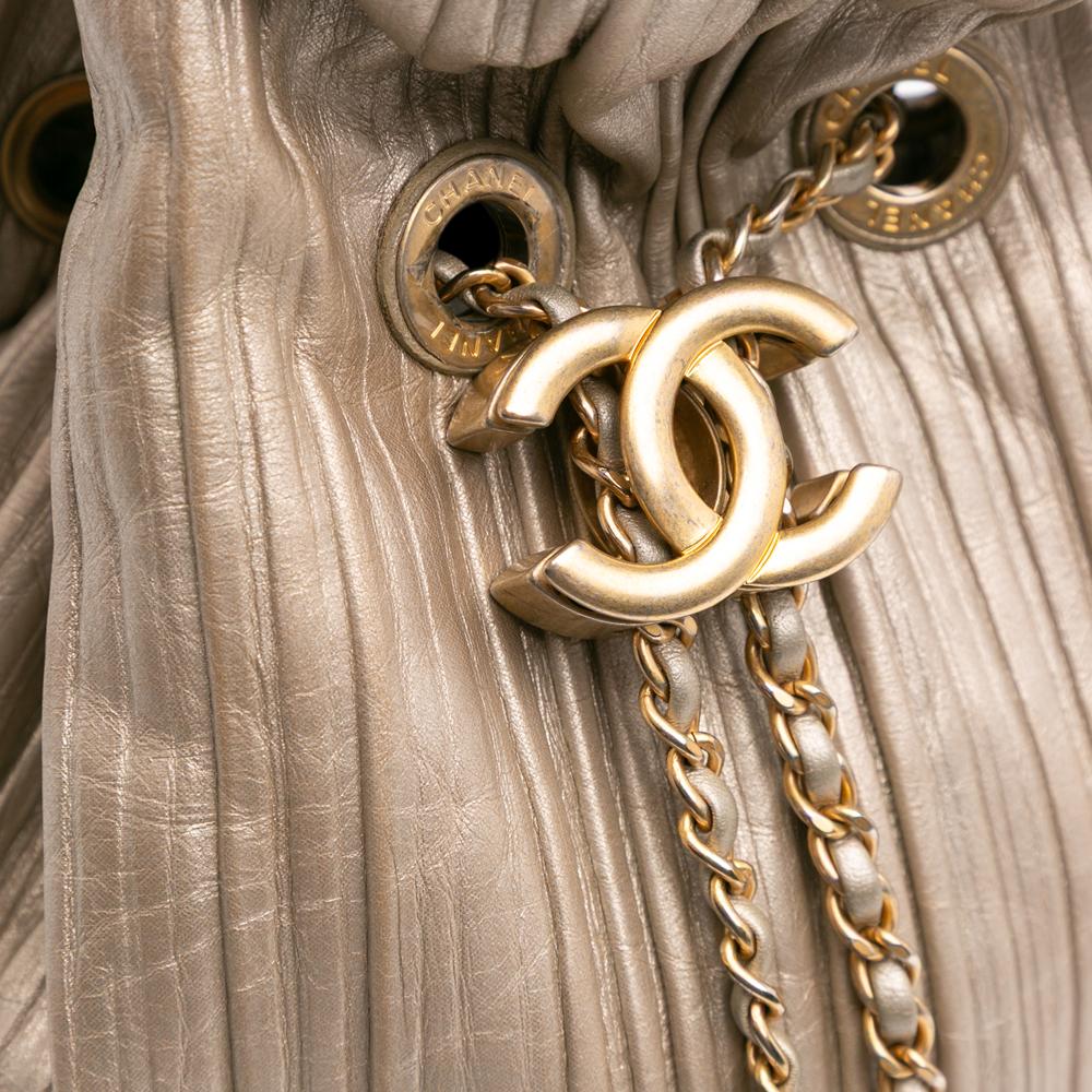 Chanel B Chanel Gold Calf Leather Small Metallic skin Coco Pleats Drawstring Backpack Italy