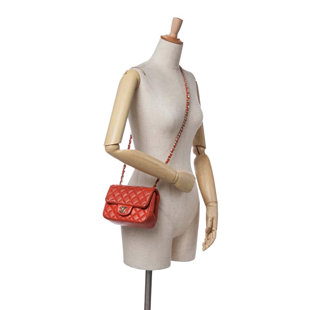 Chanel B Chanel Orange Lambskin Leather Leather Mini Square Classic Lambskin Single Flap Italy