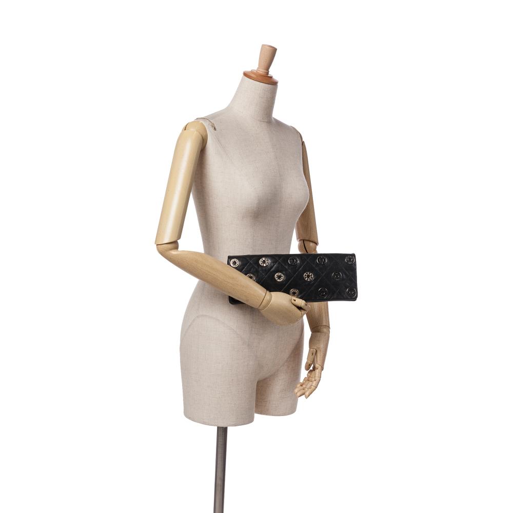 Chanel B Chanel Black Calf Leather Quilted skin Star Attitude Grommet Fold Over Clutch France