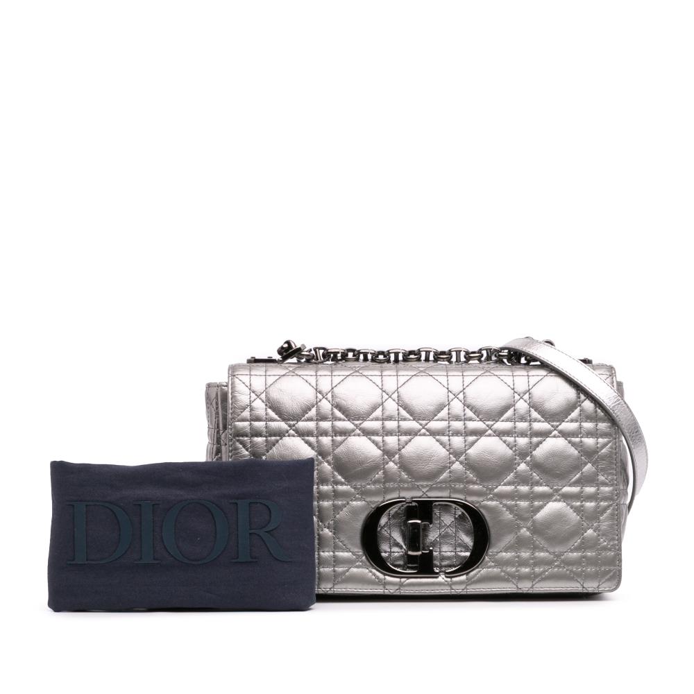 Christian Dior B Dior Silver Calf Leather Medium Metallic skin Cannage Supple Caro Bag Italy