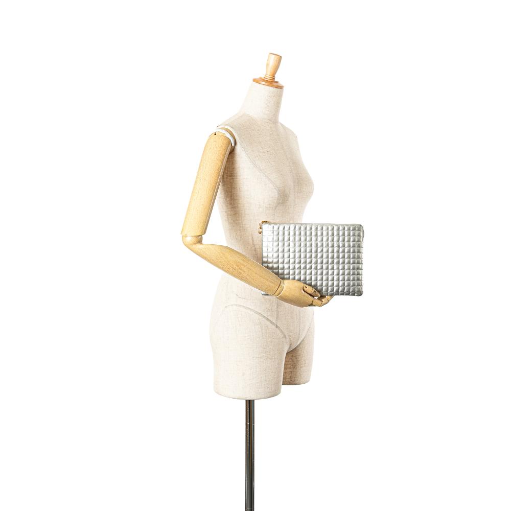 Celine AB Celine Silver Calf Leather Quilted Metallic skin C Charm Pouch Italy