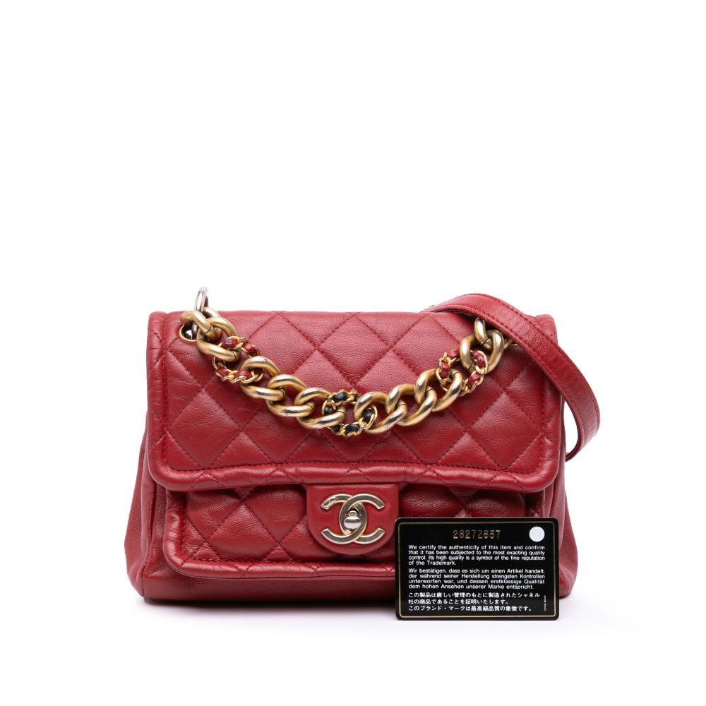 Chanel B Chanel Red Lambskin Leather Leather Small Quilted Lambskin Chain Link Flap Italy