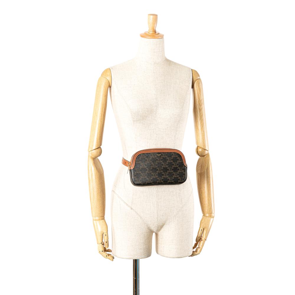 Celine B Celine Brown Dark Brown Coated Canvas Fabric Triomphe Belt Bag Italy