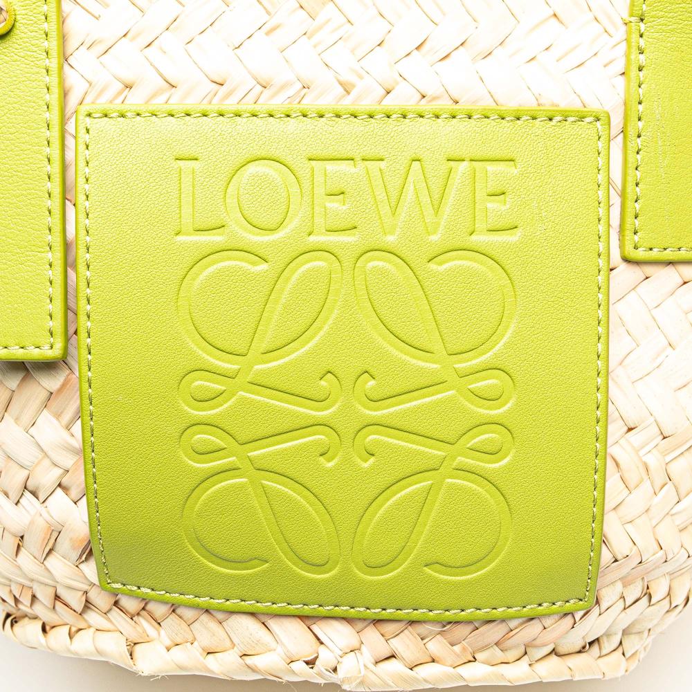 Loewe AB LOEWE Brown Beige with Green Raffia Natural Material Small Basket Tote Spain