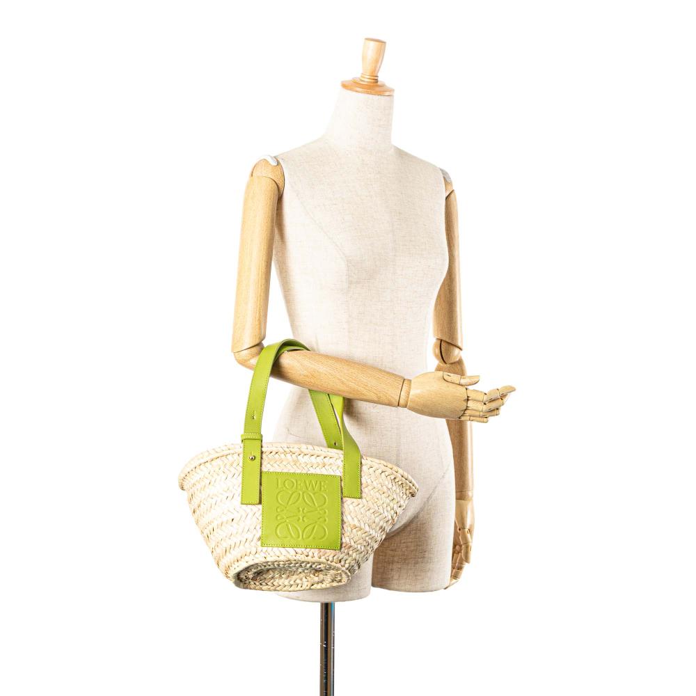 Loewe AB LOEWE Brown Beige with Green Raffia Natural Material Small Basket Tote Spain