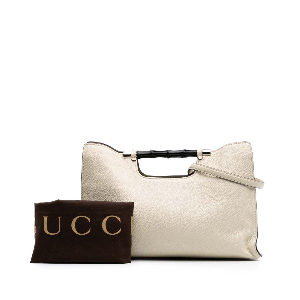 Gucci B Gucci White Ivory Calf Leather Medium skin Bamboo Daily Shopper Satchel Italy