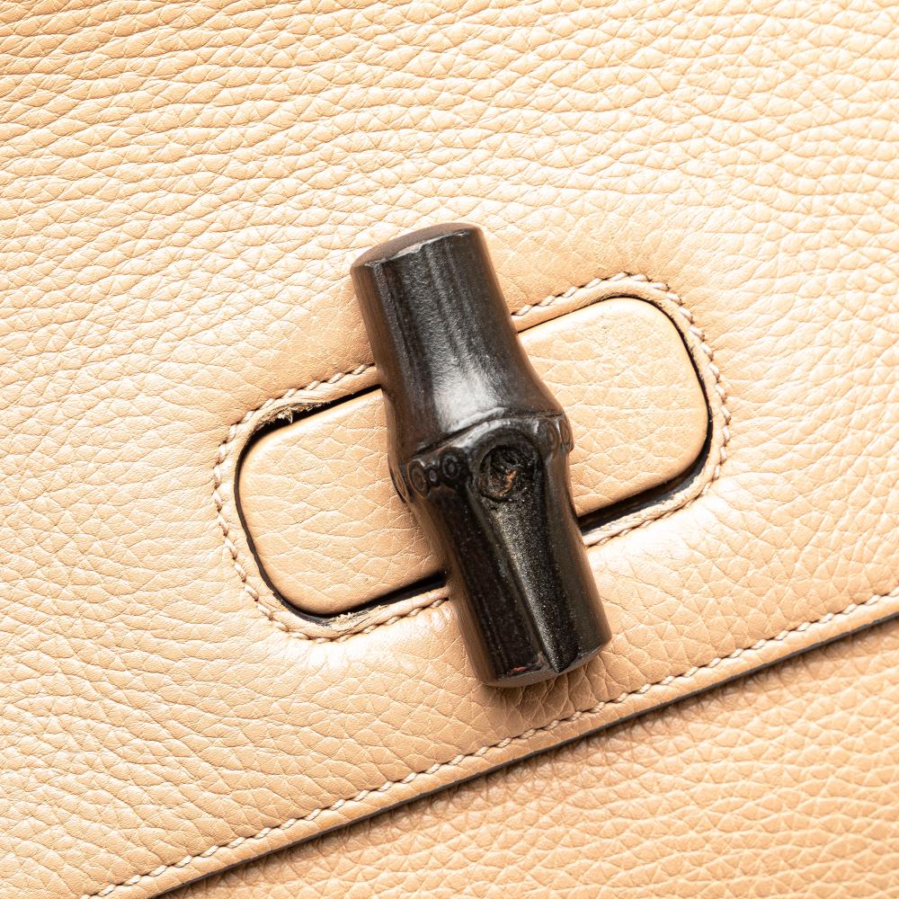 Gucci B Gucci Brown Beige Calf Leather Large Bamboo Daily Satchel Italy