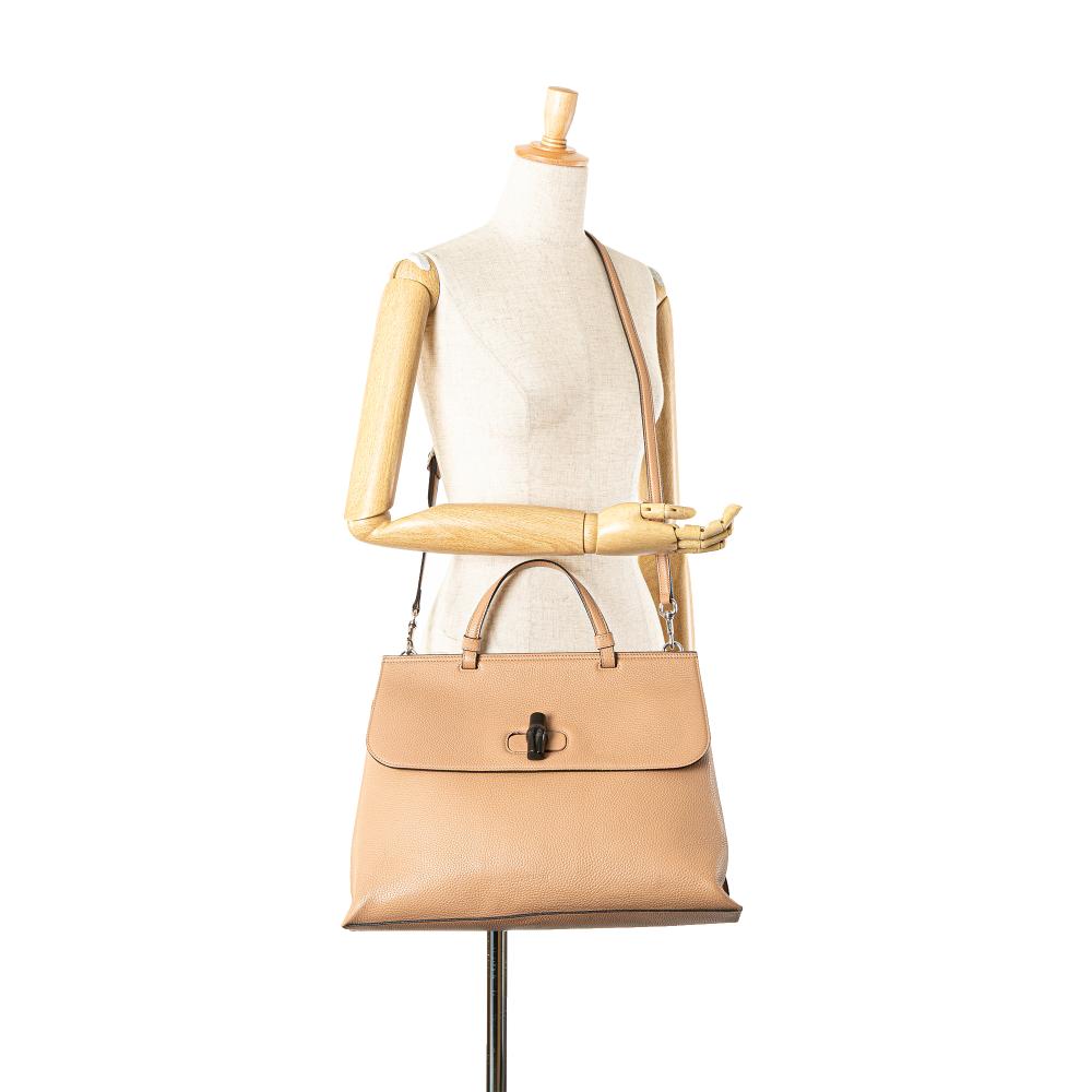 Gucci B Gucci Brown Beige Calf Leather Large Bamboo Daily Satchel Italy