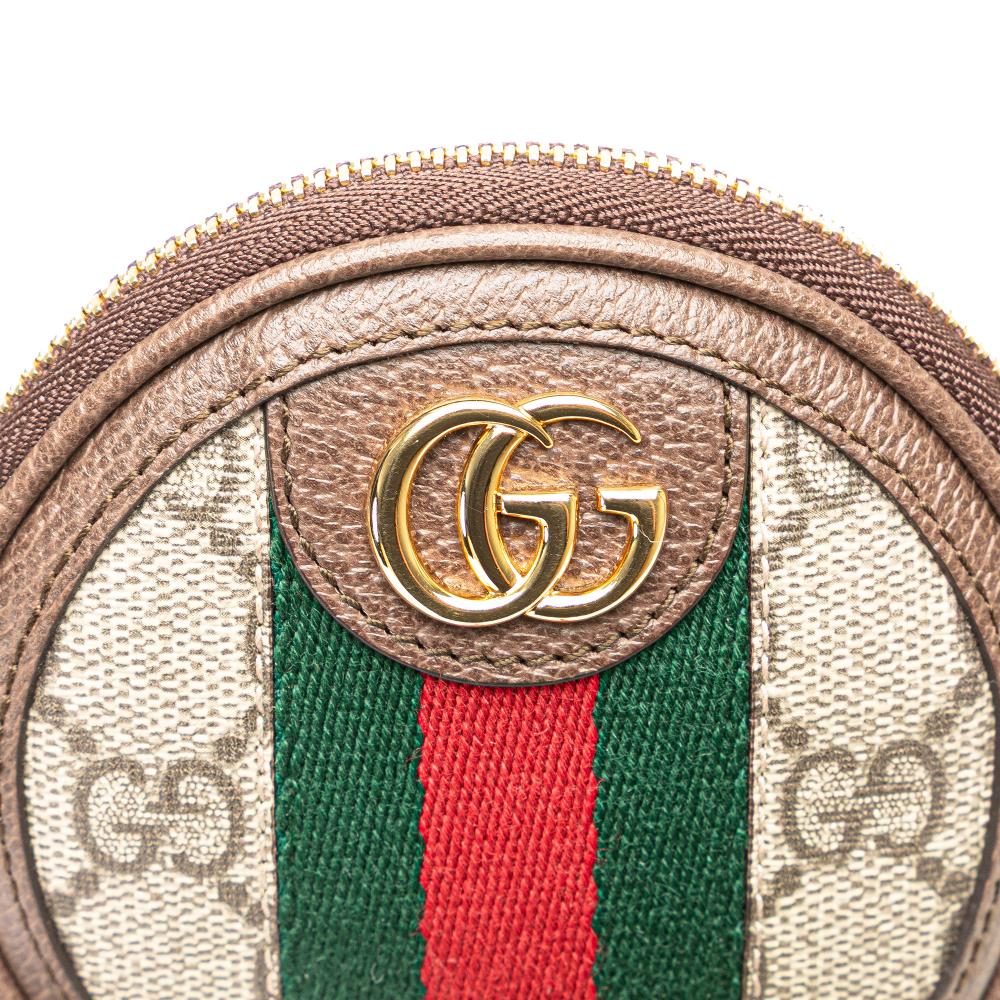 Gucci AB Gucci Brown Beige Coated Canvas Fabric Mini GG Supreme Ophidia Round Neck Pouch Italy