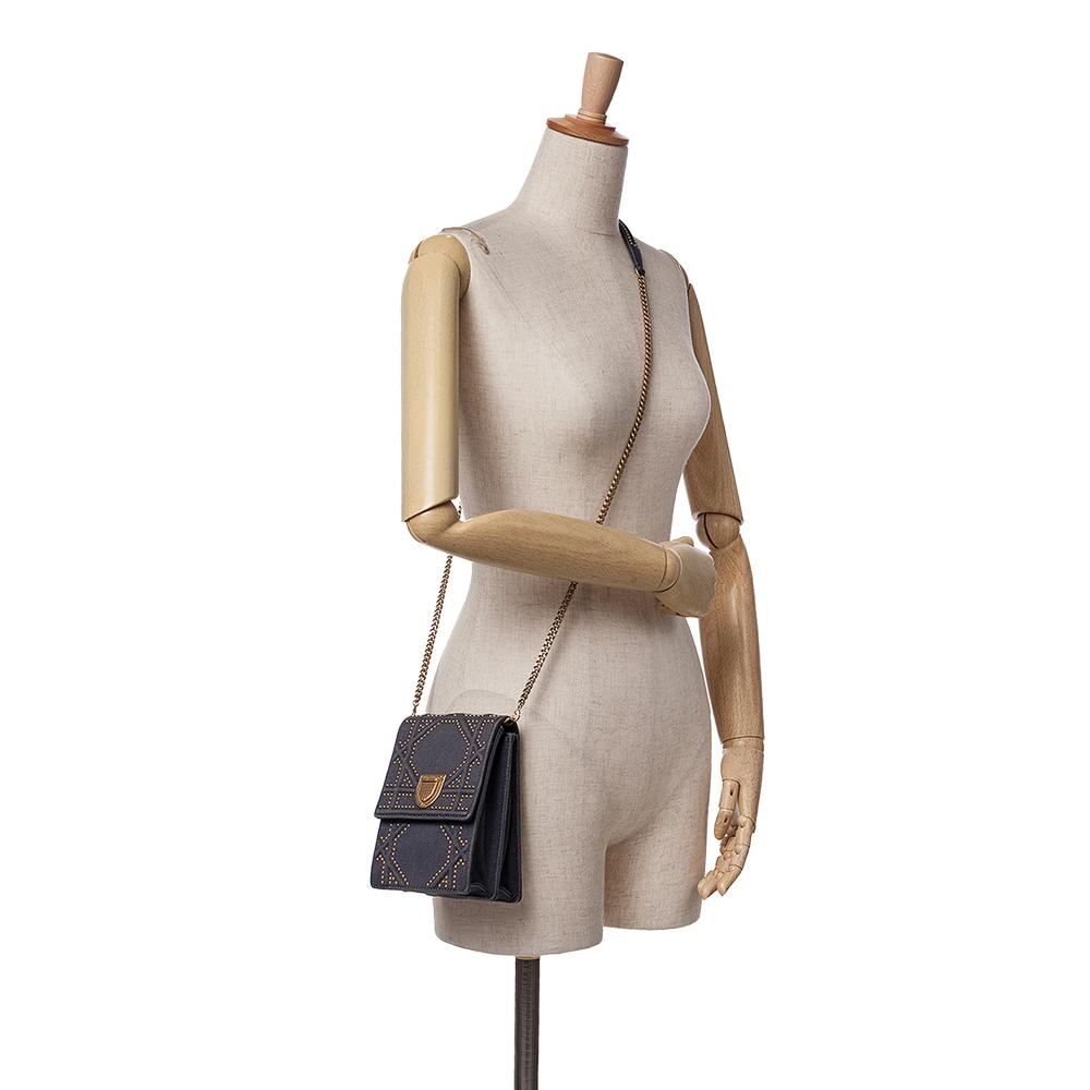 Christian Dior B Dior Gray Dark Gray Denim Fabric Studded Vertical Diorama Crossbody Italy